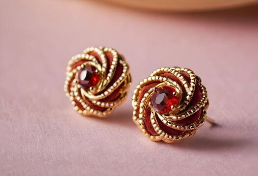Luxury jewelry and fashion accessories, elegant gold and ruby earrings on a soft pink background, close-up studio shot