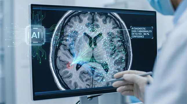 Doctor pointing at brain MRI scan on screen with artificial intelligence node chip graphics detecting early abnormality, smart healthcare concept.