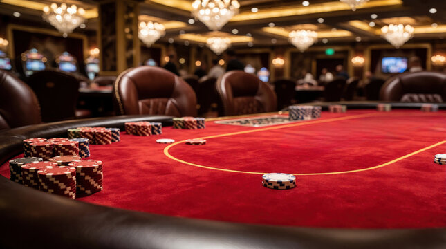 Red velvet casino table with many poker chips scattered on felt surface. Blurred gambling club background with luxury chairs, warm lights. Close up shot of betting chips for high stakes poker game