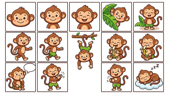 Set of cartoon monkey characters in various poses and facial expressions on a white background with illustrations showing different