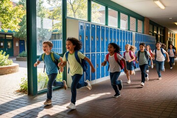Fototapeta premium Happy kids with backpacks race down school hall. Diverse group of cheerful students run past lockers towards camera, enjoying recess and freedom outside classrooms.
