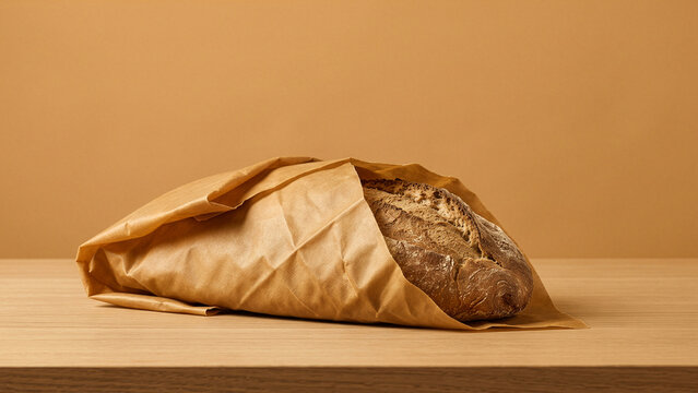Artisan sourdough bread loaf wrapped in brown kraft paper on a wooden table against a brown background