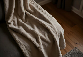 Fototapeta premium Cozy comfort and relaxation at home, soft beige fleece blanket draped over a sofa with warm textures