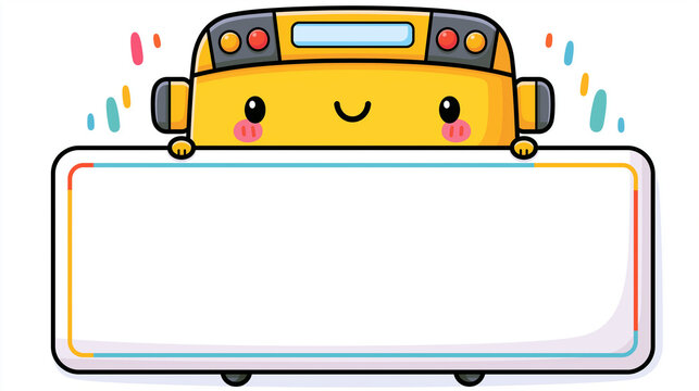 Cute cartoon yellow school bus with smiling face peeking over red text banner with back to school concept
