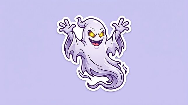 Cartoon ghost character with glowing eyes and raised hands floating on a light purple background with mischievous smile floats raised against solid