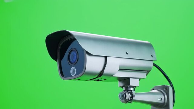 Security camera panning on green background, surveillance concept