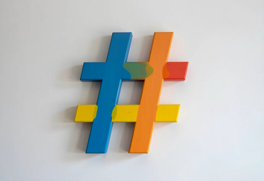 Social media marketing and digital communication, colorful hashtag symbol on a white background for online trends and engagement