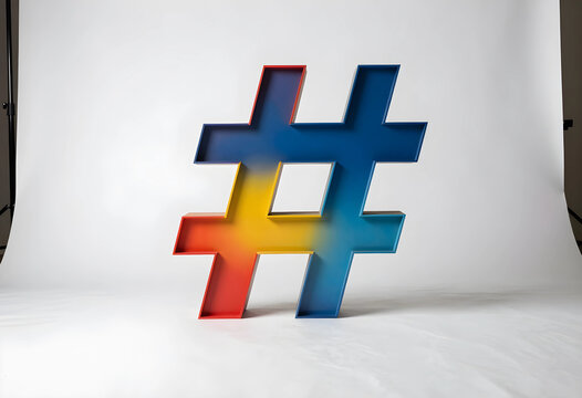 Social media marketing and digital communication, colorful hashtag symbol on a white studio background