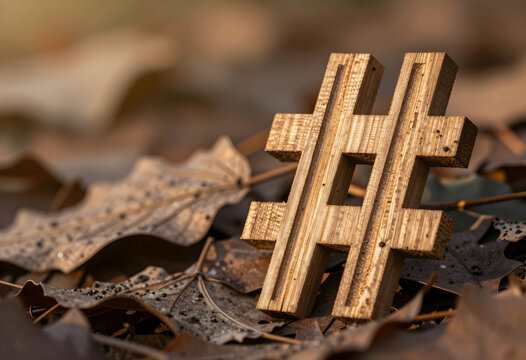 Social media marketing and digital communication, wooden hashtag symbol on autumn leaves, online trends and internet culture
