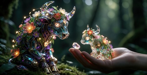 Fototapeta premium Fantasy glass bull creature decorated with colorful flowers, glowing lights. Small crystal animal sits in human hand. Magical mythical beast with horns rests on forest moss. Enchanted glowing toy