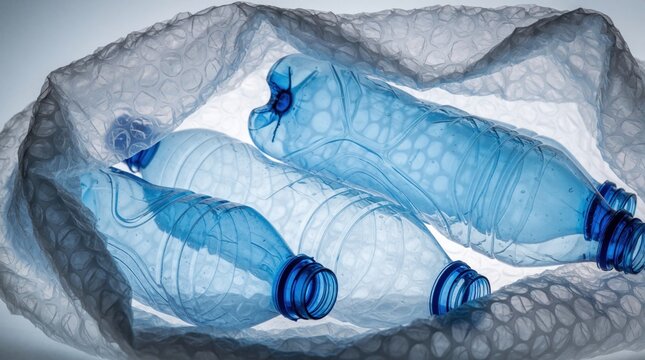Empty blue plastic water bottles inside clear bubble wrap. Recyclable PET waste pile with protective packaging material. Concept of plastic pollution, environmental problem, excessive single use