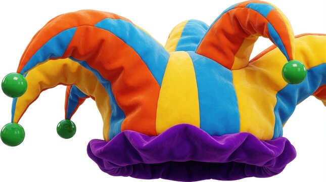 Colorful jester hat with three pointy parts, green bells. Bright orange, blue, yellow, purple fabric makes funny circus headwear. Whimsical clown cap for theater performance, carnival party comedy