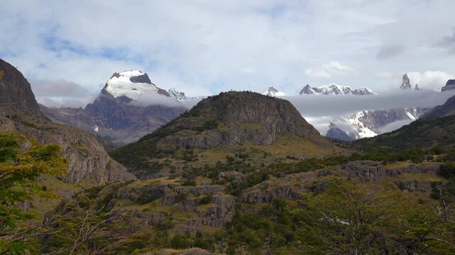 Scenic view of the Andes mountains in Patagonia Argentina with snow capped peaks and clouds