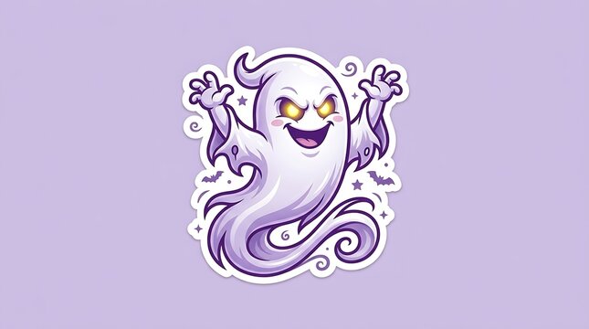 Cartoon ghost sticker with glowing eyes and arms raised on a light purple background with illustrated sticker against background stars bats