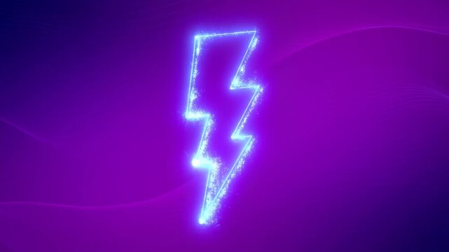 Glowing lightning bolt symbol radiates particles over flowing purple abstract background