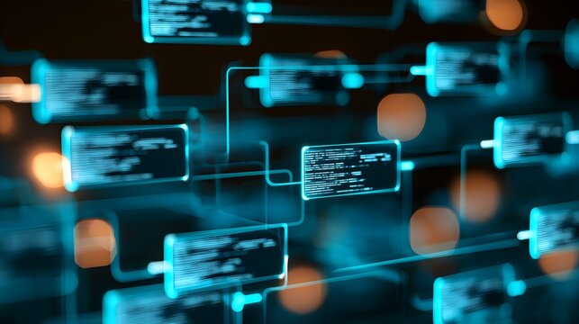 Futuristic blockchain data nodes network background, glowing blue code block circuit diagram, digital technology and cyber security system structure