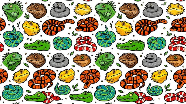 Seamless pattern featuring illustrated reptiles including snakes lizards and crocodiles on a white background