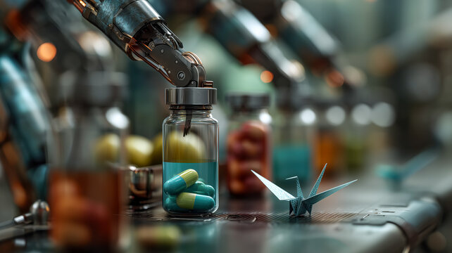 Robotic Arm Placing Pills into a Vial with Origami Crane