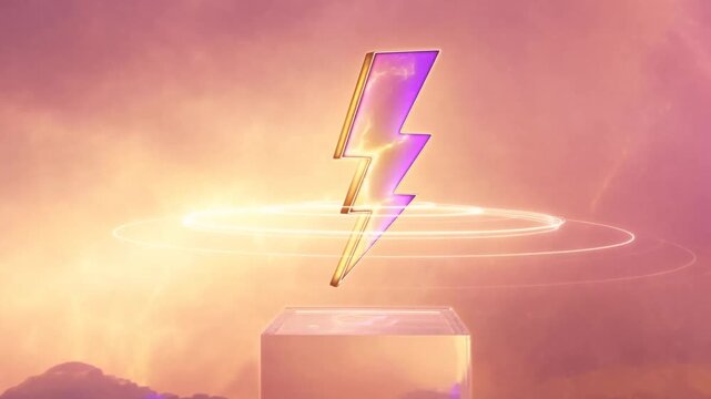 Glowing lightning bolt hovering above transparent cube with luminous rings in pink space