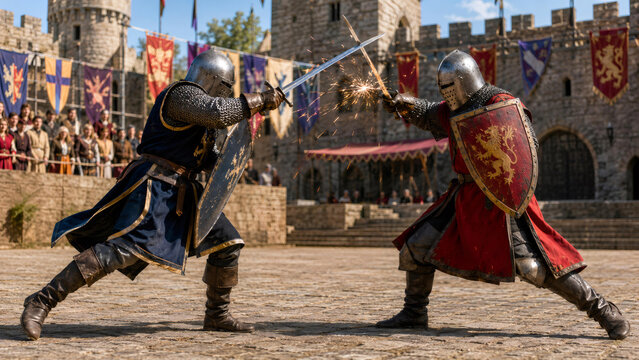 Two knights in metal armor fighting with swords and shield at medieval tournament. Historical reenactment of battle. Traditional festival with spectators in castle courtyard setting.