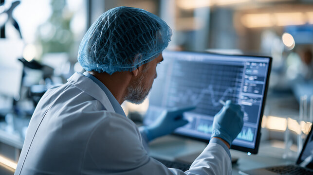 medium shot from behind of scientist wearing blue hairnet white lab coat and blue nitrile gloves looking at bright computer screen displaying research data clean laboratory