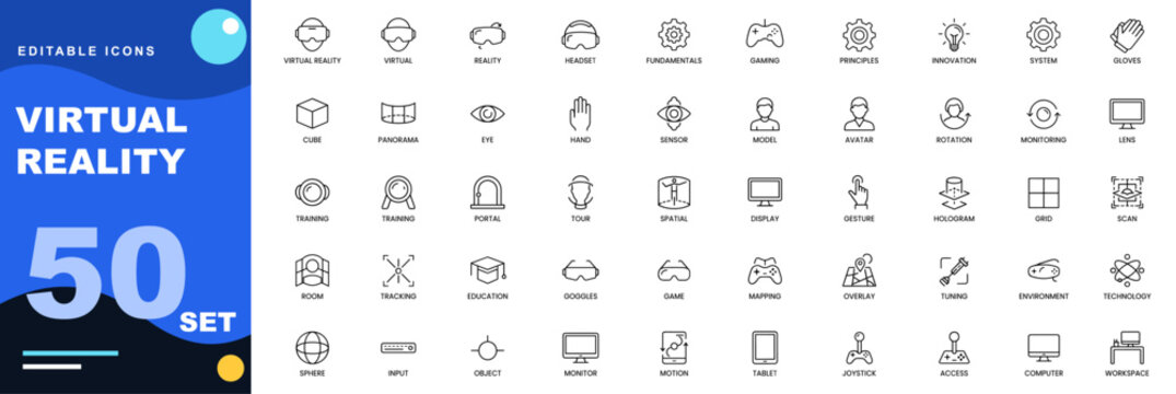 Virtual Reality icon set. Virtual, reality, headset, simulation, gaming, immersive, technology, experience, controller, gloves, cube, panorama. Editable icons collection. Vector.