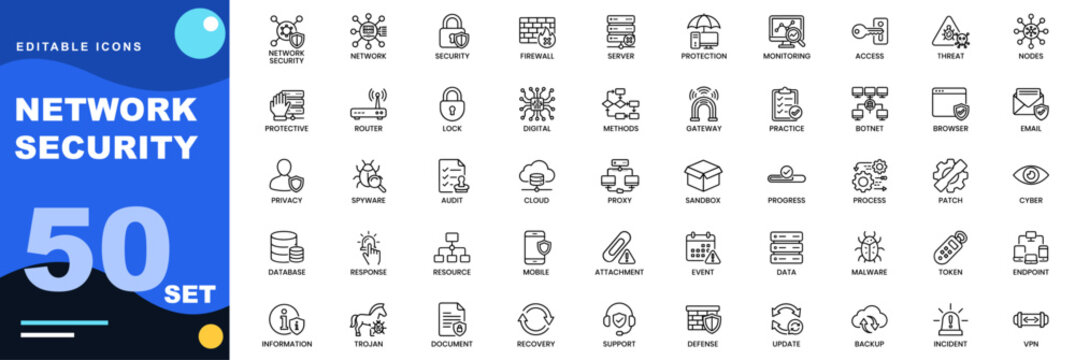 Network Security icon set. Network, security, firewall, server, protection, monitoring, access, threat, nodes, shield, router, lock. Editable icons collection. Vector.