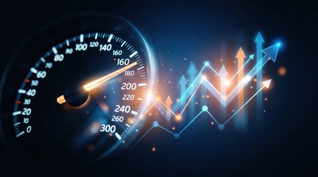 Speedometer with glowing needle and arrows, abstract graph lines rising on a dark background.