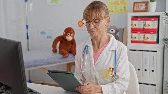 Woman doctor with stethoscope holds tablet and taps screen while seated at exam table in building; gentle reassurance.