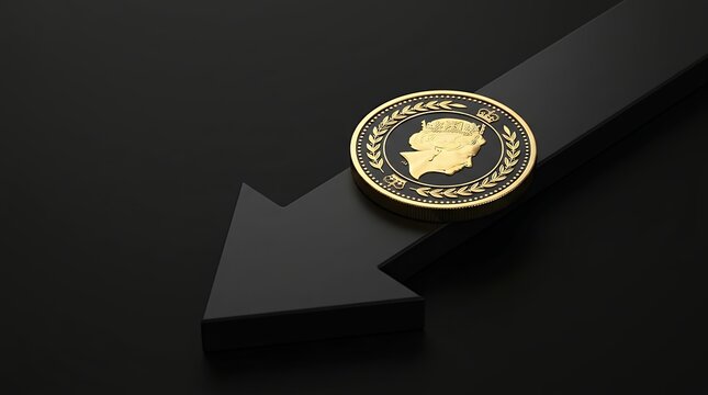 A Striking 3D Render of a Golden and Black British Pound Coin Positioned on a Black Downward Arrow Symbolizing a Decrease in Currency Value Economic Downturn or Financial Loss golden and black