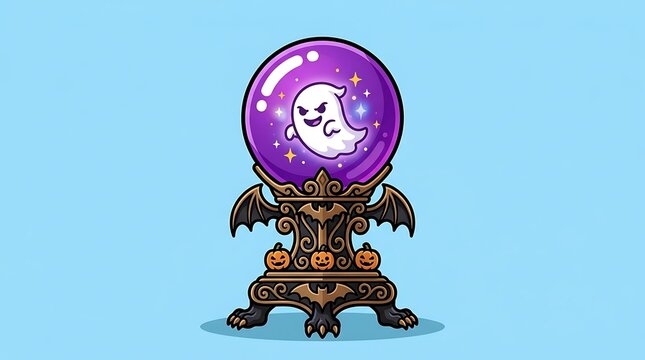 A cartoon ghost trapped inside a glowing purple crystal ball on a decorative gothic stand with mischievous expression floats bat wings pumpkins