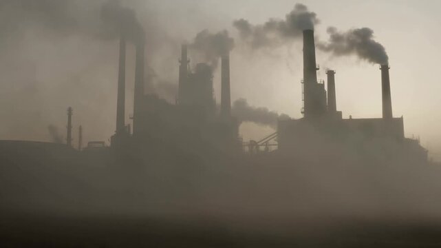 Industrial factory smokestacks release thick smoke across a hazy polluted skyline