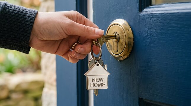 Person inserting a metal key into a blue door lock with a house shaped keychain with hand inserts metal attached house architecture