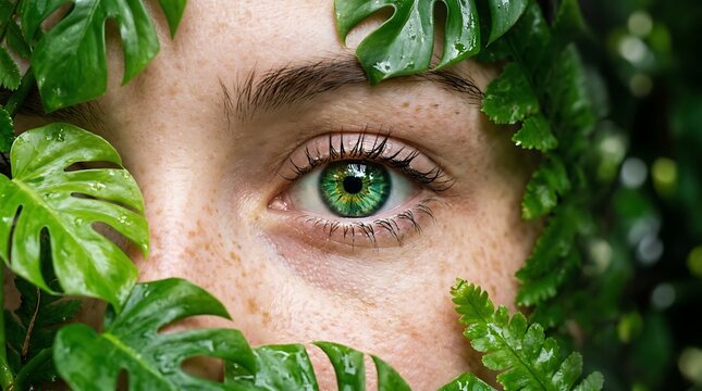 Close up of a woman with green eyes and freckles framed by lush green tropical foliage with freckled skin partially tropical leaves ferns