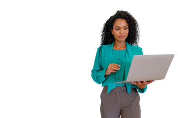 Fototapeta premium Young businesswoman standing holding a laptop, working and managing tasks. Transparent background for easy integration