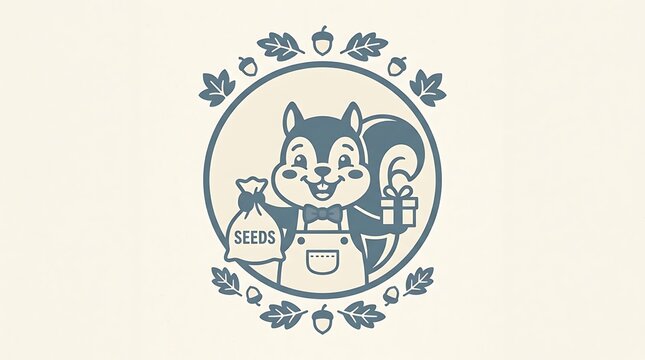 A cartoon squirrel wearing an apron holds a bag of seeds and a small gift box with stylized illustration friendly circular frame decorated