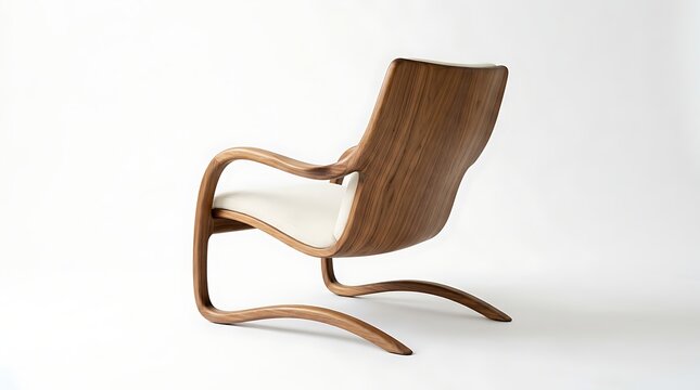 Modern wooden armchair with white upholstery isolated against a plain white studio background with contemporary armchair with comfortable white cushioned