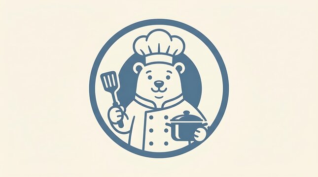A circular vector illustration featuring a cartoon bear dressed as a chef holding cooking tools with stylized graphic icon friendly bear wearing