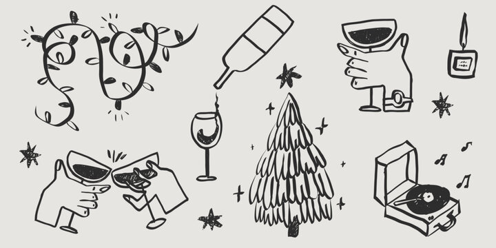 Whimsical Christmas party doodles featuring champagne, music notes and xmas quirky elements in vintage hand-drawn sketch style for holiday menu or restaurant decor. Vector illustration
