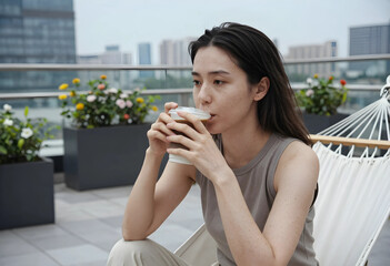 Naklejka premium Relaxation and urban lifestyle, young woman enjoying coffee on a rooftop terrace with city views and hammock