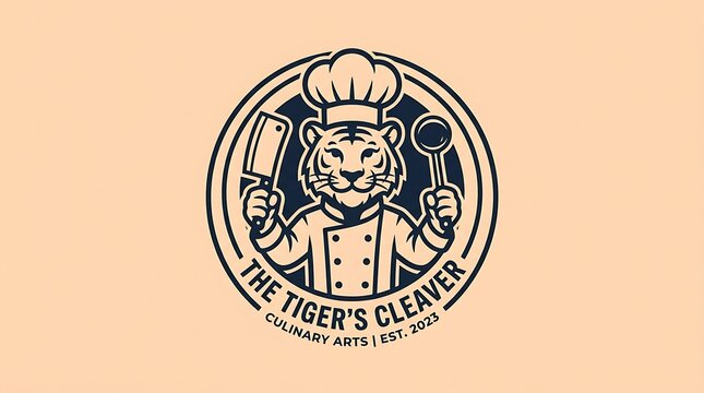 Tiger chef logo design with a meat cleaver and a ladle on a circular background with culinary business identity uniform while holding