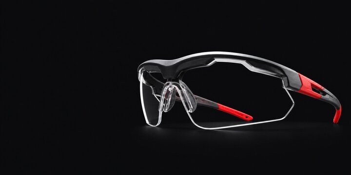 Clear safety glasses with black and red frame on a black background