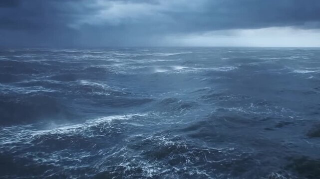 Rough ocean waves breaking under dark storm clouds across open water
