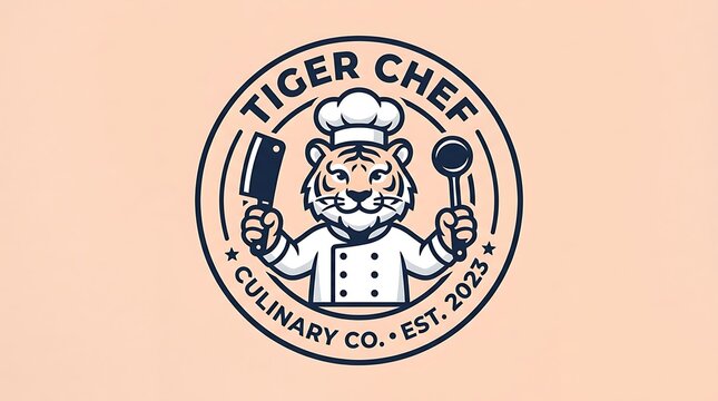 Tiger chef mascot emblem with a cleaver and a ladle inside a circular frame design with circular logo