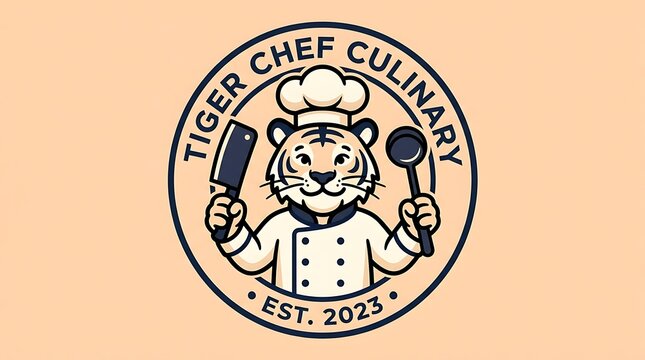 A circular logo featuring a tiger dressed as a chef holding a cleaver with design depicts cartoon ladle light background uniform while holding