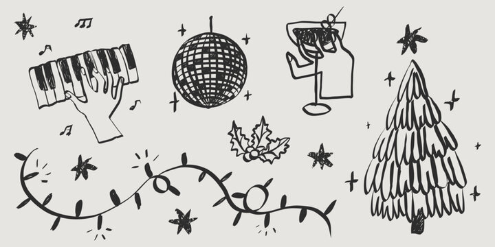 Whimsical Christmas party doodles featuring wine, champagne and xmas quirky elements in charming hand-sketched vintage style for holiday menus and invitations. Vector illustration