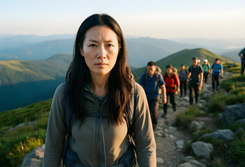 Fototapeta premium Outdoor adventure and healthy lifestyle, asian woman hiking with group on mountain trail at sunset