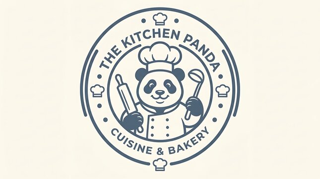 Circular logo design featuring a panda chef holding a rolling pin and a ladle for a bakery with monochrome logo stylized ladle inside decorative