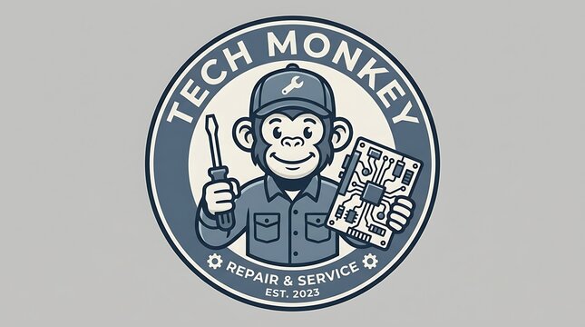 Circular logo featuring a cartoon monkey technician holding a screwdriver and a computer circuit board with technical repair services