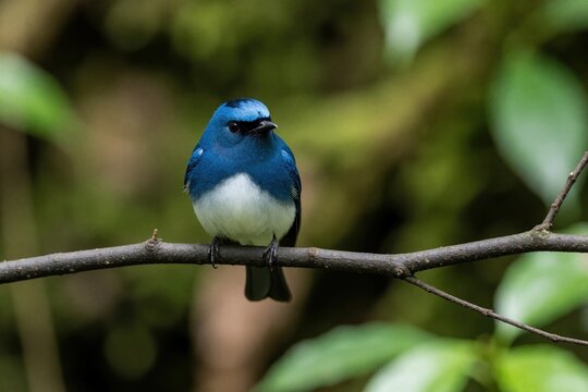 Small blue and white bird, black-naped monarch flycatcher, perches on branch. Rich green forest foliage background creates soft bokeh. Avian wildlife detail.
